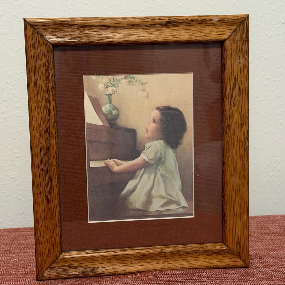 Vintage Girl Singing at Piano Framed Print Nostalgic Wood Frame Wall Decor